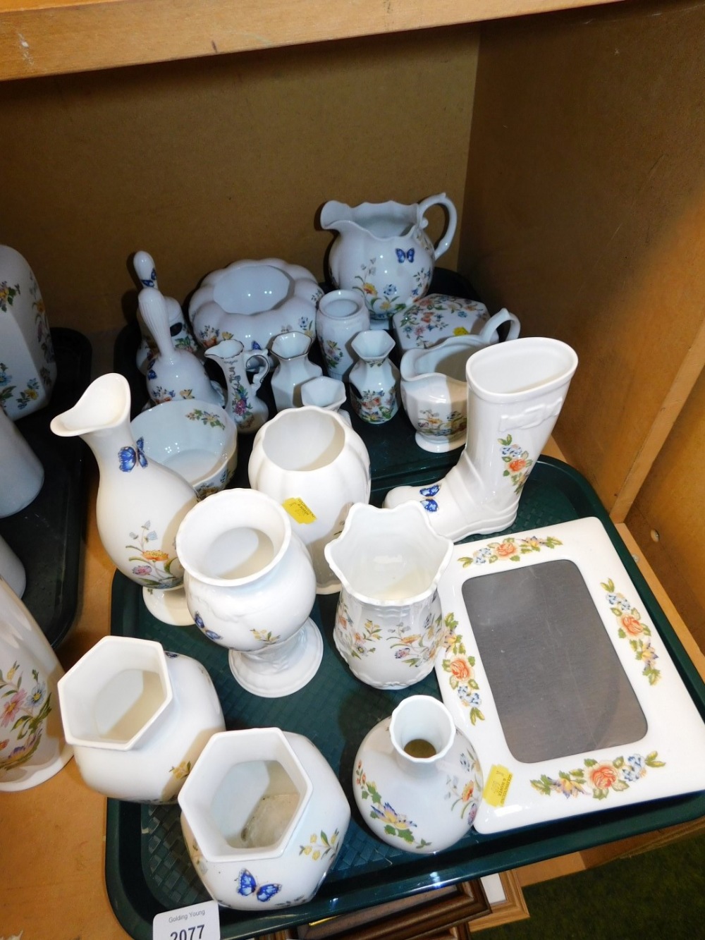 A group of Aynsley Cottage Garden china, to include vases, wellington boots and frames. (2 trays)