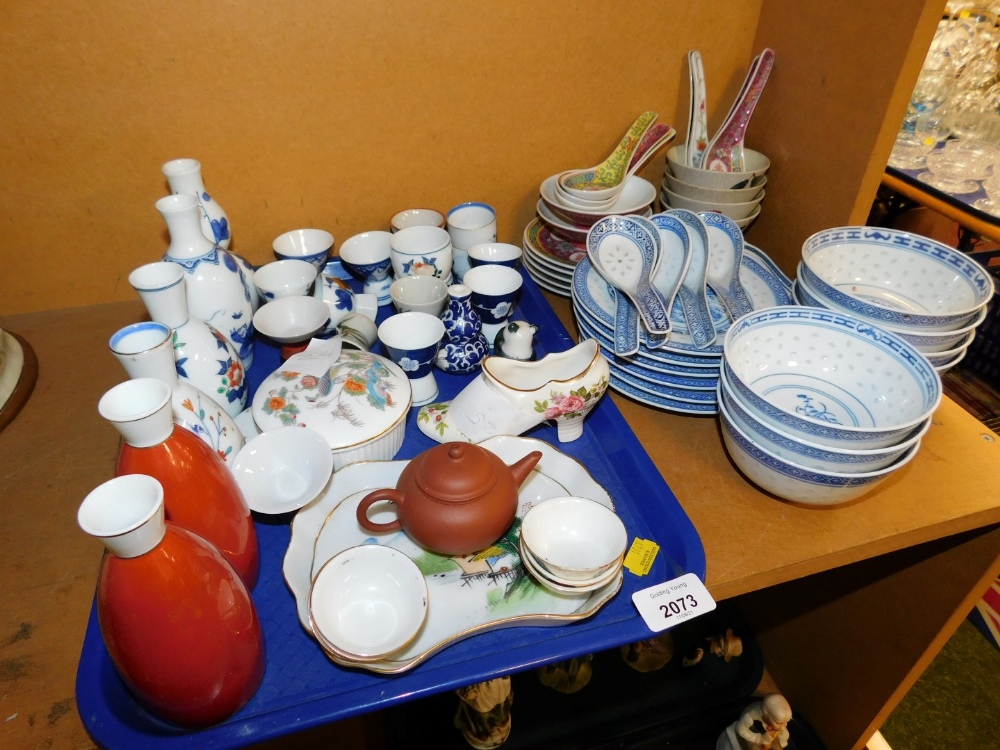 A group of ceramics, to include miniature Oriental terracotta teapot, rice bowls and spoons, jars, A