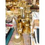 Decorative brassware, modern glass lantern, candlesticks, hand bell, etc. (a quantity)