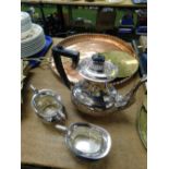 Metalware, early 20thC circular copper tray, three piece silver plated part gadrooned tea service, e