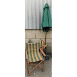 A group of garden furniture, to include a teak green parasol, set of four Sou-Wester of Australia ca