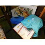 Floral tapestry, various board games, wicker sewing box, other accessories, jigsaws, etc. (a quantit
