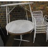 A group of furniture, to include two white finish garden tables, and four garden chairs.