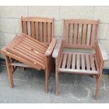 Two teak garden chairs, with central table insert.