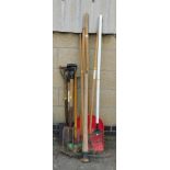 A group of various garden tools, snow shovel, rake, fork, axe, etc. (a quantity)