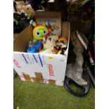 Children soft toys, teddy bears, Robin Hood scrap book, rackets with stretchers, shooting stick, etc