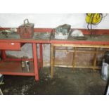 Four red steel work benches, one with a wooden base.