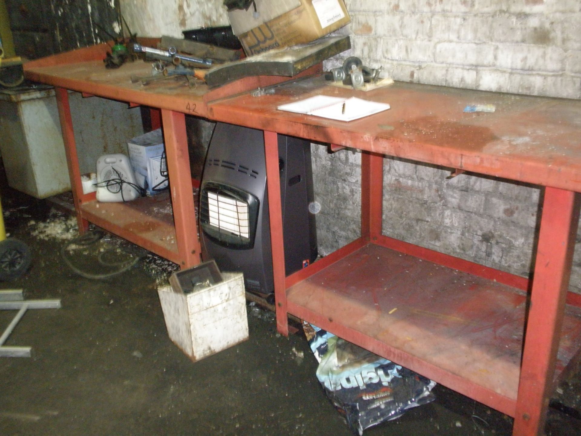 Four red steel work benches, one with a wooden base. - Image 2 of 2