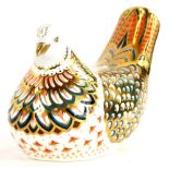 A Royal Crown Derby porcelain paperweight of a Turtle Dove, with gold coloured stopper, 14cm long, b