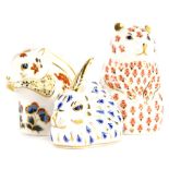 Three Royal Crown Derby porcelain paperweights, squirrel with silver coloured stopper, rabbit with g
