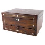 A 19thC rosewood mother of pearl and pewter inlaid workbox, the hinged lid enclosing a vacant interi