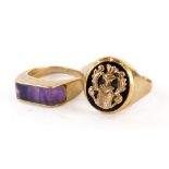 Two dress rings, to include a 9ct gold signet ring with knight crest, ring size X½, together with an