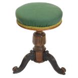 A Victorian rosewood adjustable piano stool, with a green upholstered padded seat, on a turned colum