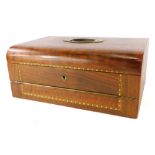 A Victorian walnut and chequer banded writing box, the hinged lid enclosing a fitted interior, with