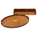 An early 20thC mahogany and boxwood strung oval tray, with brass handles, 52cm wide, and a 19thC por