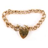 A 9ct gold gate bracelet, with belcher chain and heart shaped padlock, with safety chain, 18cm long,