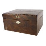 A Victorian rosewood and burr walnut workbox, the hinged lid inlaid in pewter, mother of pearl, etc.