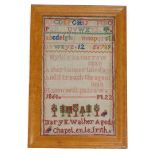 A mid 19thC alphabetic sampler, by Mary E. Walker aged 11, Chapel En Le Frith, 34cm x 20cm.