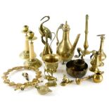 A collection of metal ware, to include a table lamp base, Eastern coffee pot, a model of a crane, a