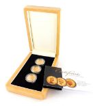 A Queen Elizabeth II proof sovereign three coin set, comprising three full sovereigns in a fitted ca