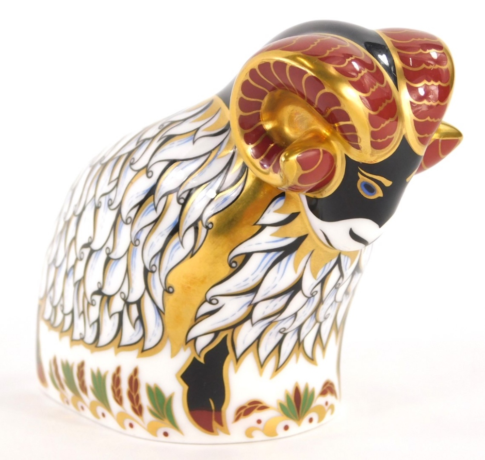 A Royal Crown Derby paperweight of a Derby ram, exclusively available from The Royal Crown Derby vis