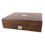 A Victorian rosewood writing box, the top with a vacant rectangular mother of pearl cartouche enclos
