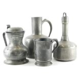 A pewter baluster shaped lidded tankard, with touch marks beneath, two continental pewter vessels, a