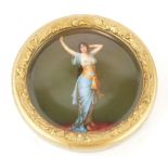 A Vienna porcelain plaque, decorated with a female dancer wearing blue, bee hive stamp to underside