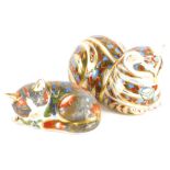 Two Royal Crown Derby porcelain paperweights of cats, catnip kitten, Collectors Guild Exclusive, wit