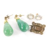 A small group of jewellery, to include a pair of jade drop earrings, a pair of opal and white stone