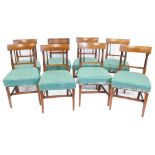 A set of eight 19thC mahogany dining chairs, each with boxwood strung borders, bar backs, and turned