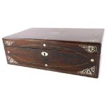 A Victorian rosewood and mother of pearl inlaid writing box, the hinged lid enclosing a later green