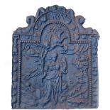 A cast iron fire back, decorated with a figure and with the logan Packs (Peace), bearing date 1679,