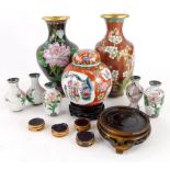 A group of Chinese ceramics, to include a modern jar and cover, five white cloisonne finish vases, a