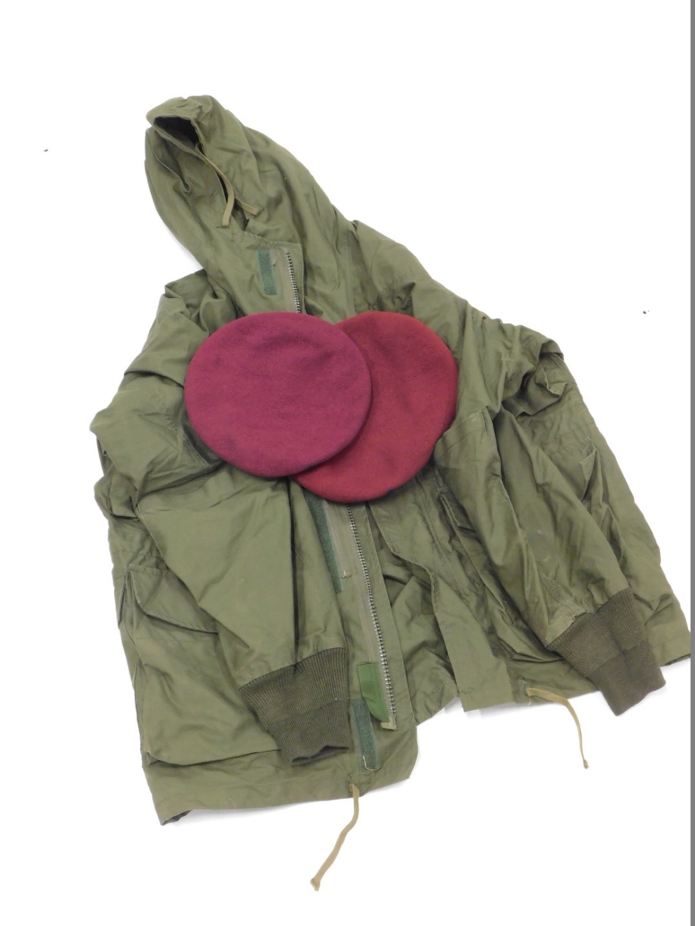 A special Air-Services green jacket, two SAS berets, sizes 6 and 5/8 and 6 and 7/8, labels for 1944