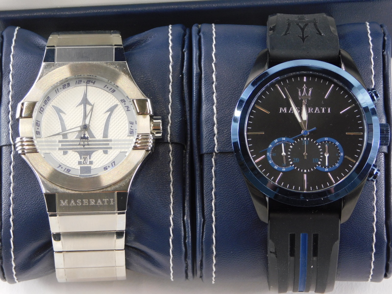 Two Maserati branded gentleman's fashion watches, one having trident surrounded in stainless steel c