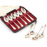 A set of six silver fiddle pattern teaspoons, Sheffield 1962, various other Apostle teaspoons, etc.,