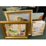 Various pictures, prints, etc., to include an interior scene, paining of dog, still life, etc. (a qu