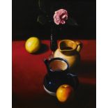 Israel Zohar (b.1945). Fruit, jug and flower still life, oil on canvas, signed, 49.5cm x 39.5cm.