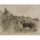 Kyffin Williams (1918-2006). Shepherd and sheep dog, watercolour, initialled, 35.5cm x 50.5cm.