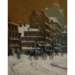 19thC School. Winter street scene with coach and horses, watercolour, 25cm x 19cm.