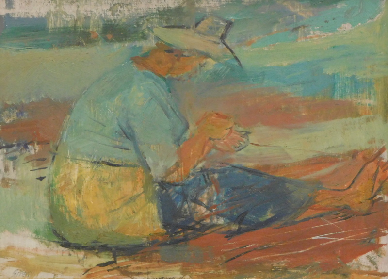 Evelyn May Gibbs (1905-1991). Hatted woman, net mender, oil on board, signed, titled verso, 29cm x