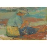 Evelyn May Gibbs (1905-1991). Hatted woman, net mender, oil on board, signed, titled verso, 29cm x