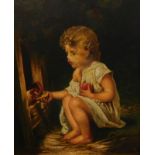 19thC British School. Young children with cat and chickens, oil on canvas - pair, 24.5cm x 19.5cm.