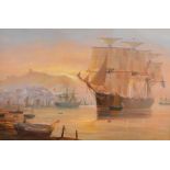 Michael James Whitehand (b.1941). Masted ships in coastal scene, oil on canvas, signed, 50cm x 75cm.