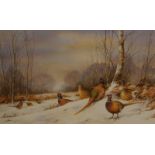 Neil Cox (b.1955). Pheasants in snow, watercolour, signed, 41cm x 72cm. Provenance: Christs Lot 216,