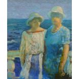 A.C. Cadman (20thC). Figures of ladies beside calm sea, oil on canvas, signed and dated (19)91 vers