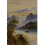 19thC School. Mountain lake scene with fisherman and paddle boat, watercolour, 42cm x 28cm.