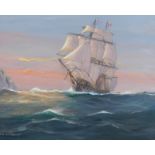 Michael James Whitehand (b.1941). Masted ship at sea, oil on canvas, signed, 41cm x 51cm.