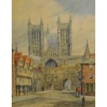 I.M. Burton (19thC/20thC). Lincoln cathedral from Castle Square, watercolour, signed, 35cm x 25cm.